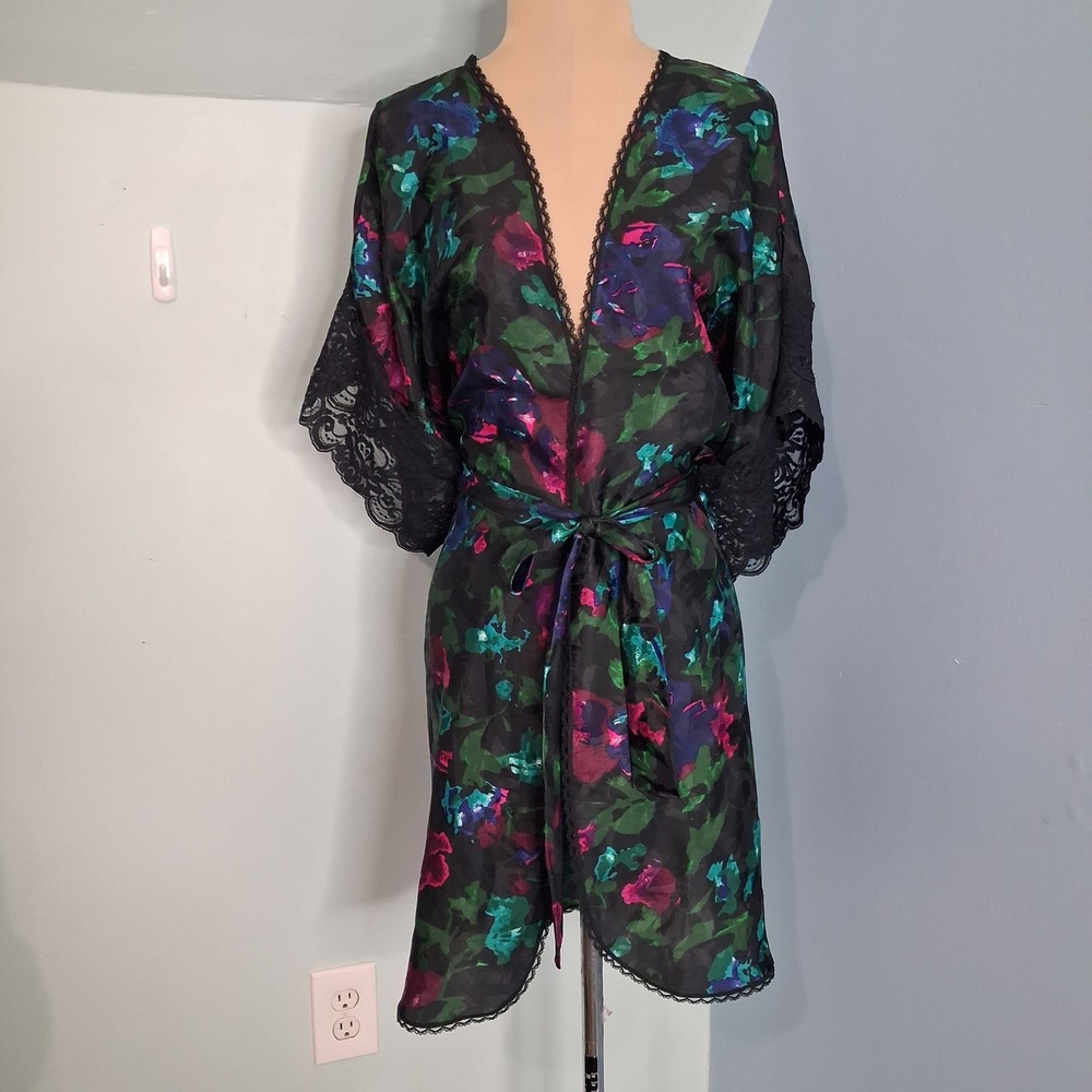 Lucie Ann II Vintage Floral Jacquard Robe Lace Trim Black XL 1556X Made in USA